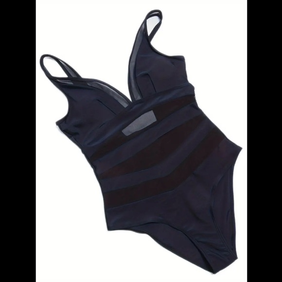 Tummy Control bodysuit V Neck High Cut Contrast Mesh Backless 1 Piece Swimsuit - Picture 6 of 10